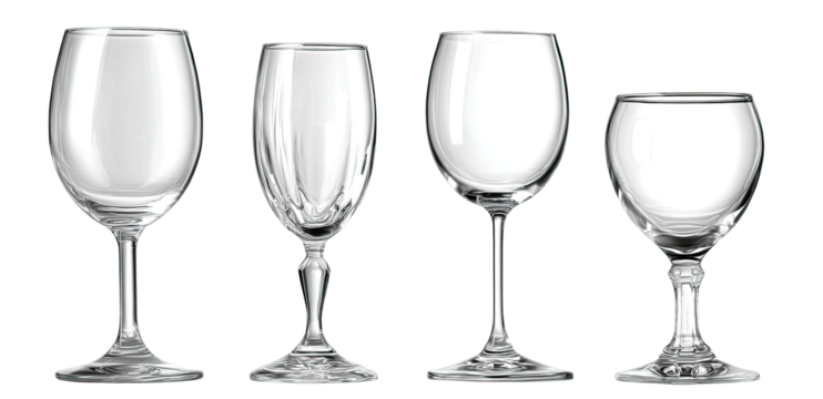 Four wine glasses of various shapes, featuring stems and clear bowls, on a black background