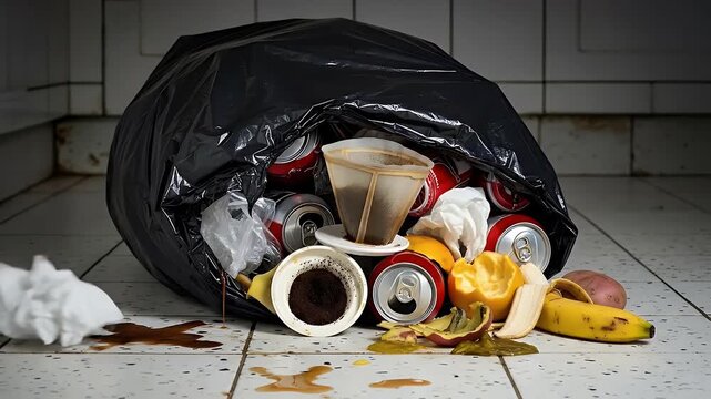  Overflowing Black Trash Bag on Tiled Floor with Scattered Food Scraps and Beverage Cans Under Dramatic Lighting