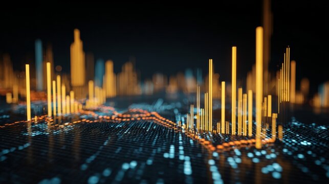 Abstract Digital Visualization of Financial Data with Colorful Bars and Dots Representing Statistical Trends and Market Analysis in a Dark Environment