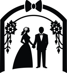 Wedding couple silhouette under black arch with flowers