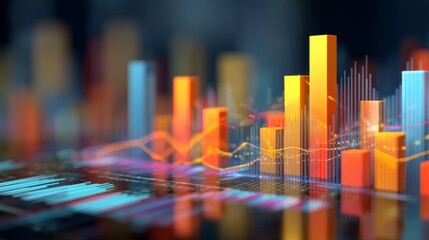 Digital Data Visualization with Colorful Bars and Trend Lines on Black Background in Concept of Business Performance and Analytics Insights