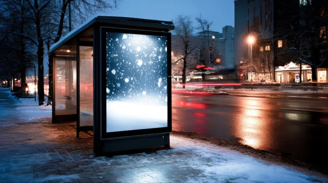 Bus stop poster mockup with New Year theme on snowy winter evening