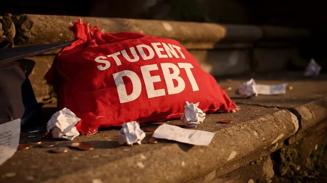 Graduation Cap And Red Bag With Text Student Debt Sitting On Stone Steps With Scattered Coins And Crumpled Paper During Golden Hour Lighting