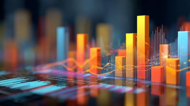 Digital Data Visualization with Colorful Bars and Trend Lines on Black Background in Concept of Business Performance and Analytics Insights