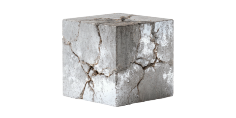 A weathered, cracked cube of gray concrete, isolated on a black background, with visible imperfections