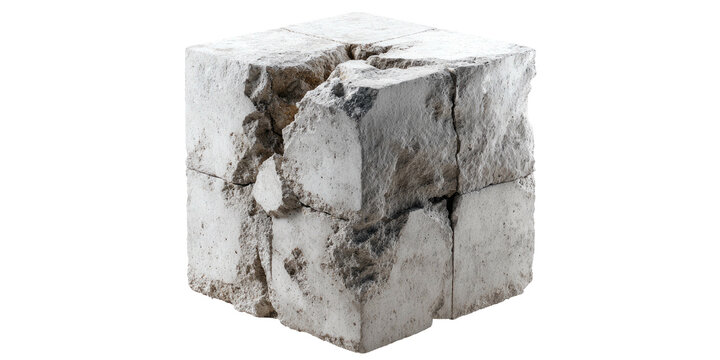 A close-up view of a cube made of rough-hewn, light-colored stone blocks, cracked