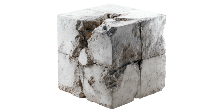 A close-up view of a cube made of rough-hewn, light-colored stone blocks, cracked