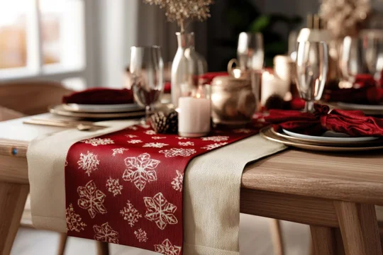 Christmas table runner mockup with candles on festive dining table