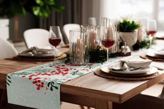 Cozy holiday table scene with Christmas runner and glowing candles