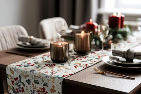 Festive table runner design on elegant Christmas dinner setup