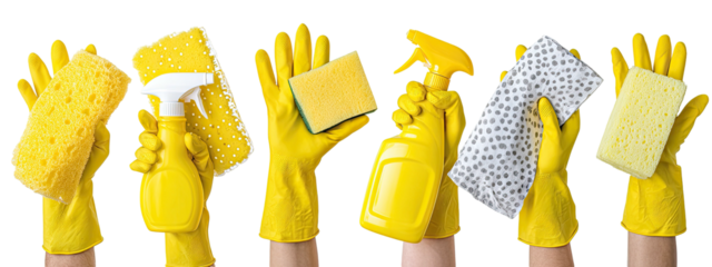 Several arms in yellow gloves hold various cleaning supplies. Black background