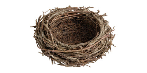 A close-up view of a small, round bird's nest made from twigs and natural materials