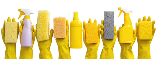 A group of gloved hands holding cleaning supplies of different shapes, sizes, and colors