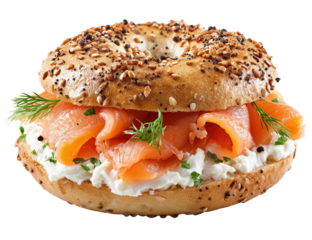 Delicious bagel sandwich, with cream cheese, smoked salmon, herbs and everything bagel topping