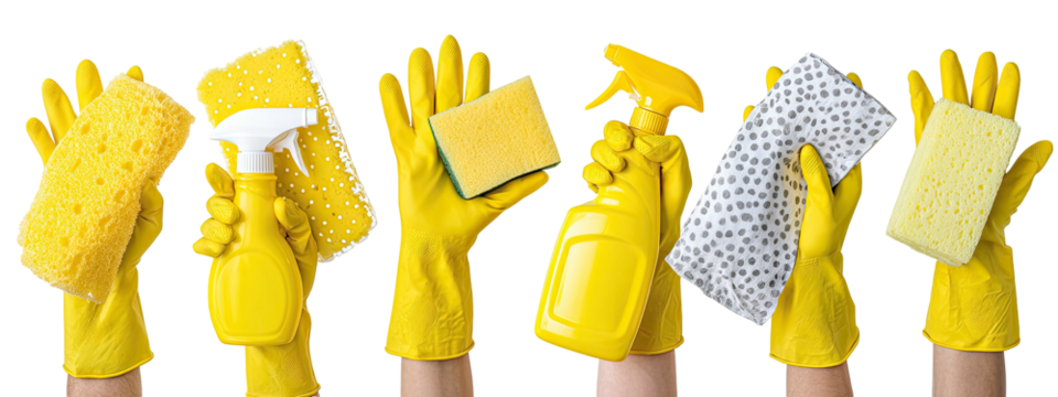 Several arms in yellow gloves hold various cleaning supplies. Black background