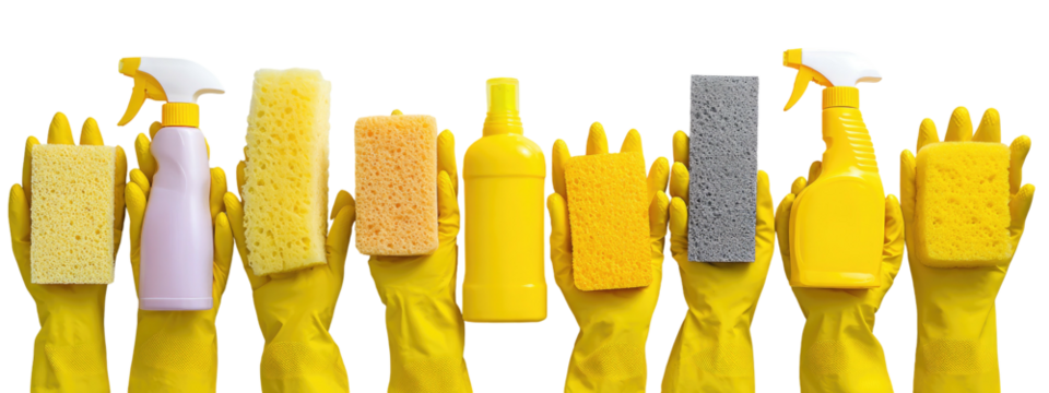 A group of gloved hands holding cleaning supplies of different shapes, sizes, and colors