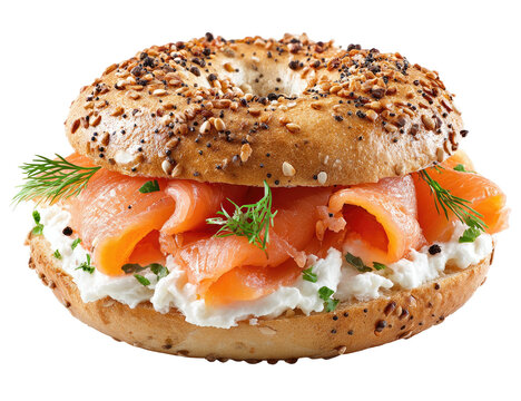 Delicious bagel sandwich, with cream cheese, smoked salmon, herbs and everything bagel topping