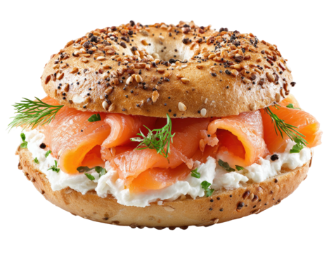 Delicious bagel sandwich, with cream cheese, smoked salmon, herbs and everything bagel topping