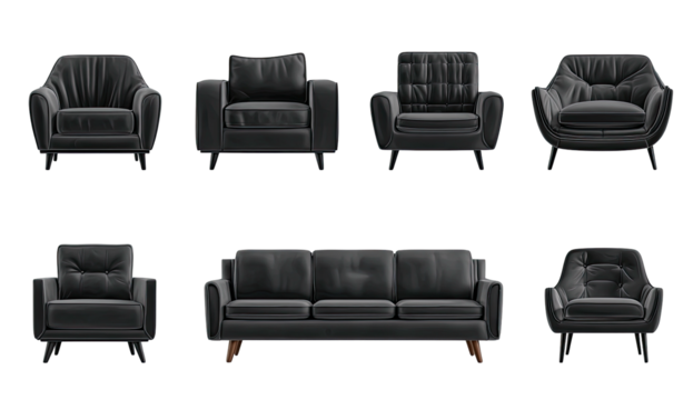 Assortment of stylish, dark leather chairs and a three-seat sofa, all rendered on black