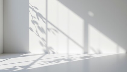 Fototapeta premium Minimal white interior with sunlight casting window and plant shadows on wall and floor, evoking calm and simplicity.