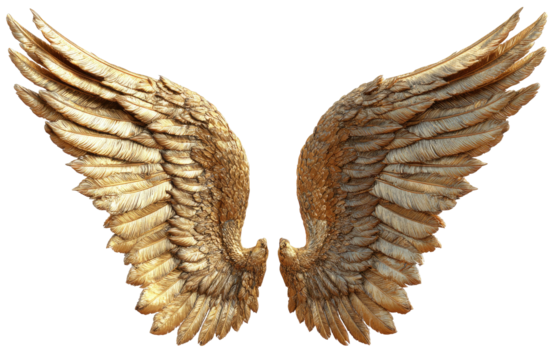 Digitally rendered pair of outstretched wings, golden hue, high detail, set against a transparent background