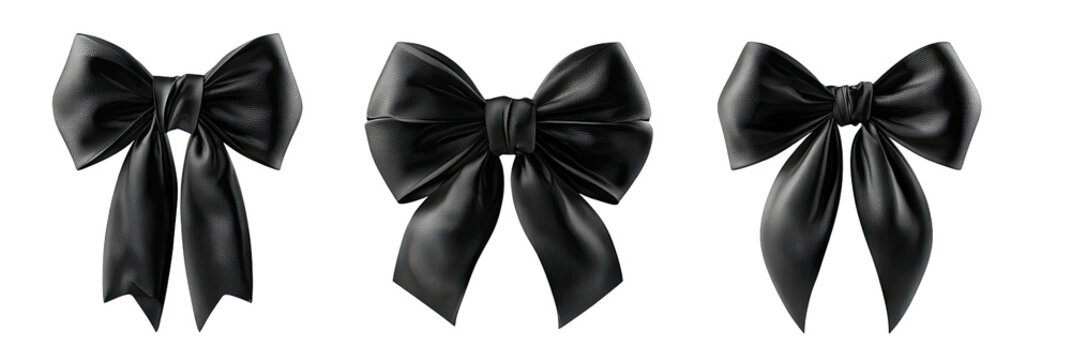 Three realistic black satin bows, tied and draped on a black background. Varying shapes and designs
