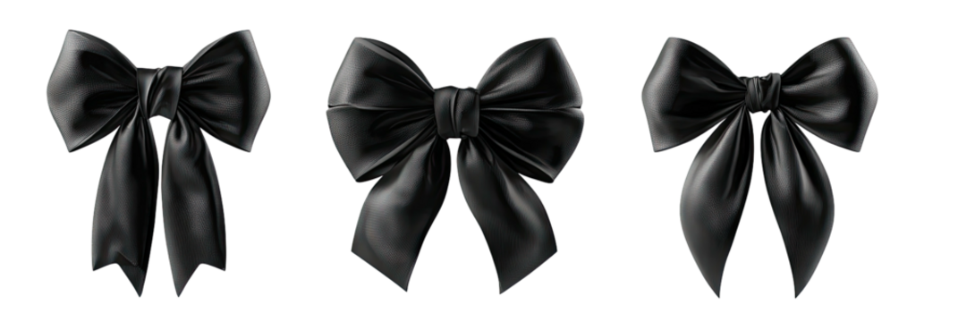 Three realistic black satin bows, tied and draped on a black background. Varying shapes and designs