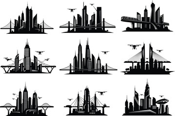 Fototapeta premium Modern cityscape silhouettes with drones, urban skyline vector set, black clipart, futuristic architecture, smart city design, tech icons