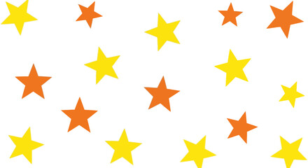 Fototapeta premium A vibrant pattern of scattered yellow and orange stars of various sizes on a clean white background, creating a cheerful and playful design.