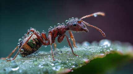 Fototapeta premium Close-up of an Ant Covered in Water Droplets on a Leaf Glimmering Under Natural Light in a Lush Green Environment
