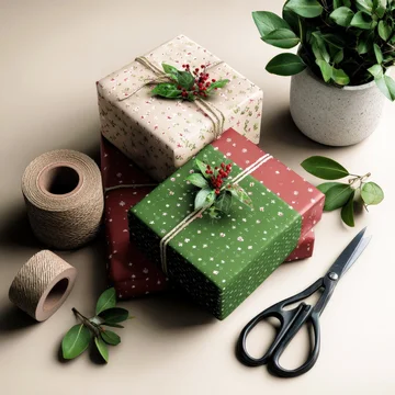 Holiday gift wrap mockup with festive pattern and packaging tools