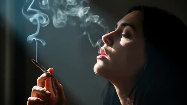 Cinematic Portrait of a Brunette Smoking Indoors