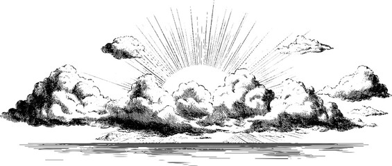 Obraz premium Vintage hand-drawn sky scene with scattered clouds and sunbeams for retro art design