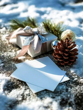 Blank holiday card on snowy surface with ribbon and golden glitter