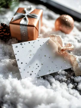Holiday postcard mockup on snow with glitter and ribbon decor