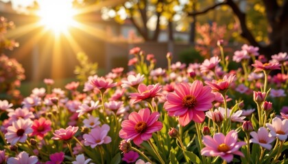 Obraz premium Blooming pink daisies basking in golden sunlight, creating a vibrant garden scene filled with warmth, color, and natural serenity.