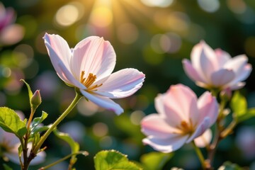 Close-up of delicate pink and white flowers blooming in warm sunlight, surrounded by soft bokeh and lush foliage, capturing the serene beauty of a tranquil garden morning.