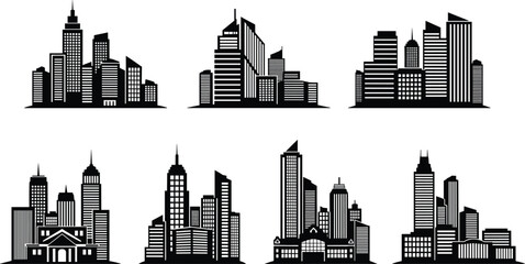 Fototapeta premium City skyline silhouettes, urban architecture vector, skyscrapers, office buildings, classical facades, black clipart, downtown design, modern cityscape icons