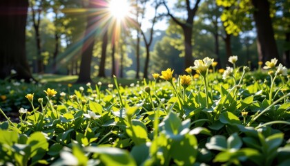 Fototapeta premium Sunlight streaming through a lush forest, illuminating blooming wildflowers and vibrant green foliage in a tranquil woodland scene.
