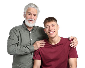 Father hugging his son on white background