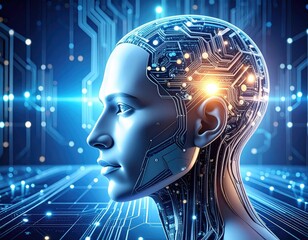 Futuristic AI Humanoid Head with Glowing Digital Circuits and Data Streams.