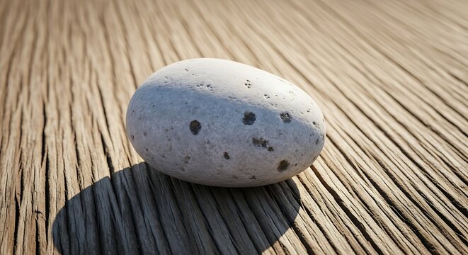 Contemplative rock resting on weathered wood surface showcases simplicity and texture appreciation