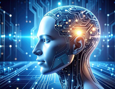 Futuristic AI Humanoid Head with Glowing Digital Circuits and Data Streams.