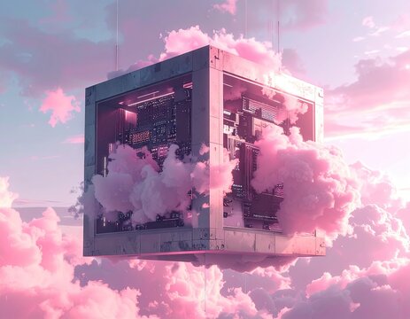 Surreal futuristic cube structure floating serenely amidst soft pink clouds. - Powered by Adobe