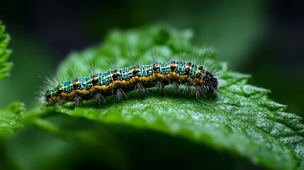 Colorful Caterpillar Crawling on Green Leaf with Soft Focus Background in Natural Habitat, Showcasing Nature's Beauty and Insect Life Cycle