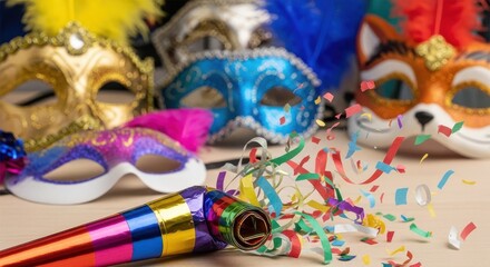 Fototapeta premium Celebratory festive scene showcasing masquerade masks and party blower