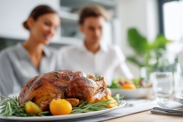 Caucasian couple enjoying festive roast chicken meal at home