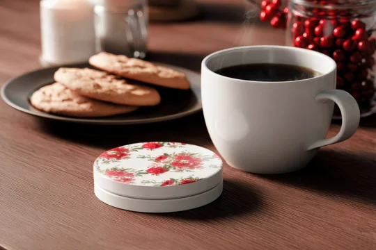 Cozy holiday coaster mockup on table with festive snacks