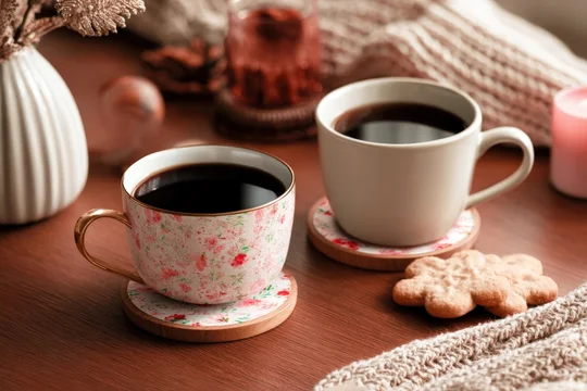 Holiday coaster mockup with hot drink and Christmas cookies