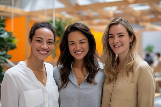 Three young women smiling in bright office environment